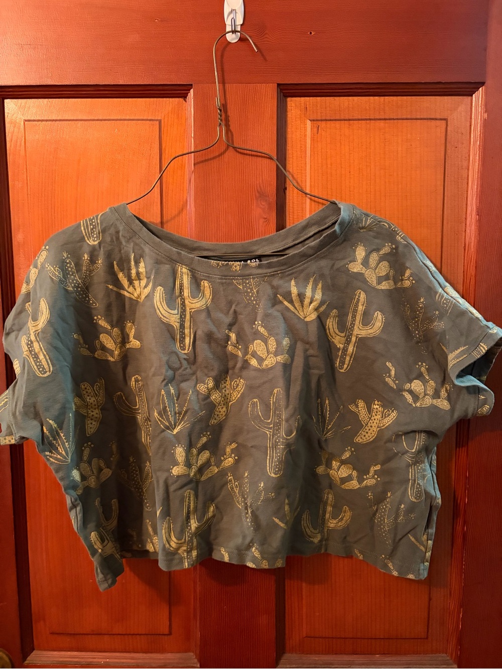 Simka Sol Women's Green Cropped Tee with Gold Cactus Print